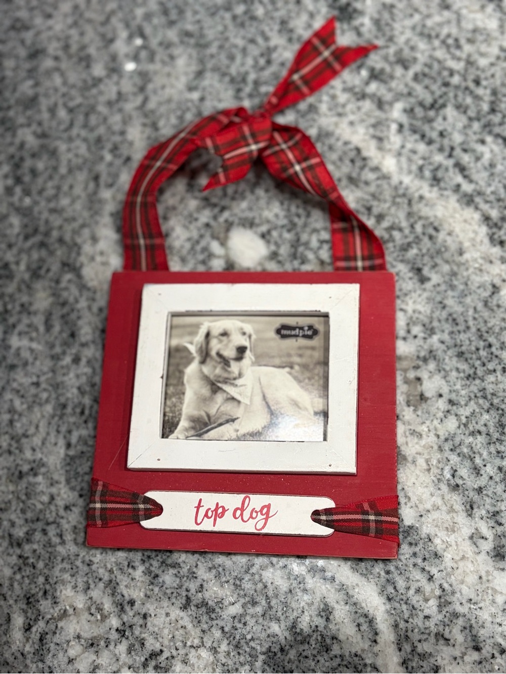 Mud Pie Red 'Top Dog' ornament Plaque Frame with Plaid Ribbon